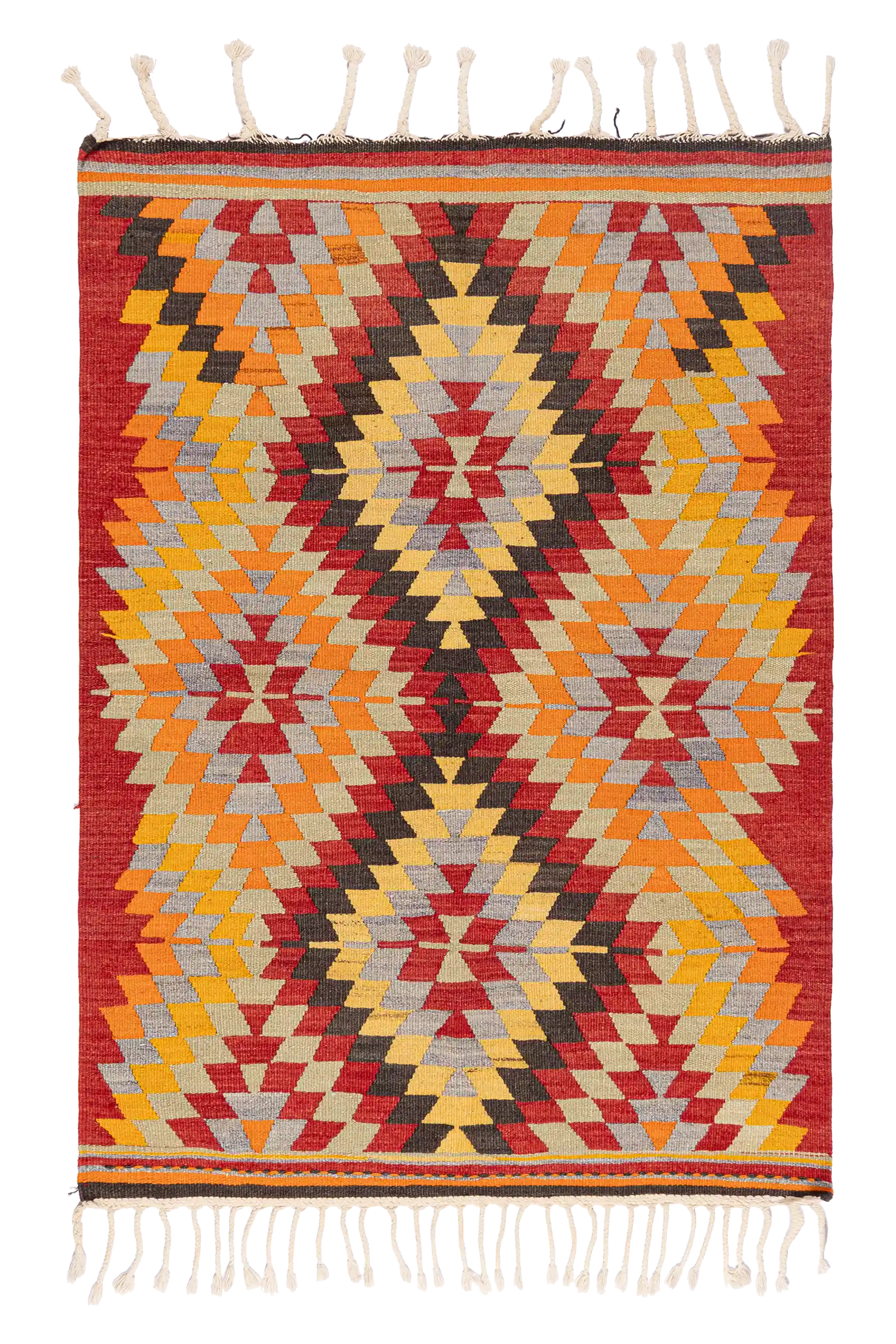 Gesamtansicht des AFYON Kelims (128×92 cm) – leuchtendes Rautenmotiv mit kräftigem Farbspiel aus Gelb, Rot, Orange und Schwarz auf rotem Grund