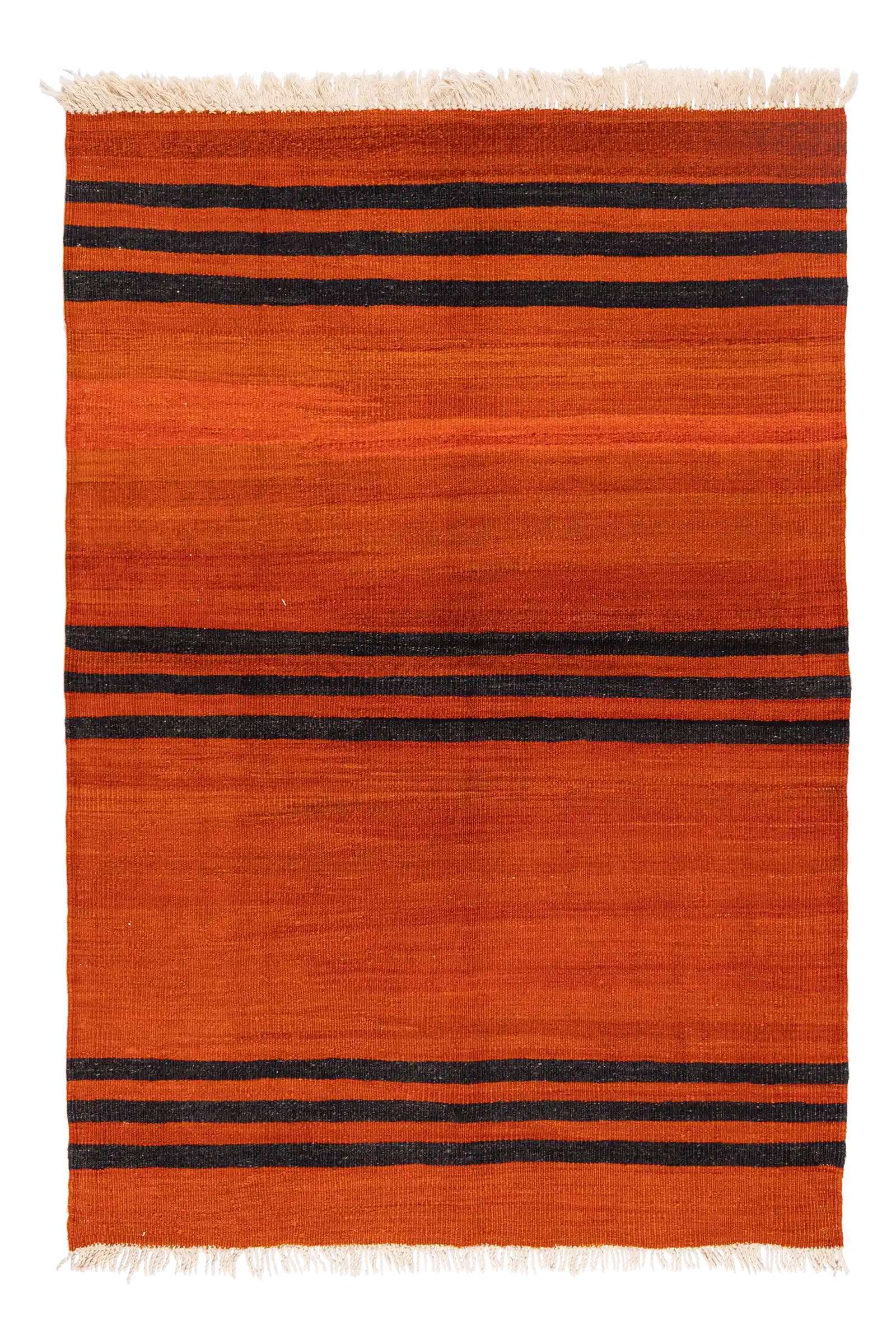 Gesamtansicht des USAK Kilims – rechteckiger Kelim mit monochromem Aufbau in kräftigem Orange-Rot, durchzogen von schmalen schwarzen Horizontalstreifen im oberen und unteren Drittel
