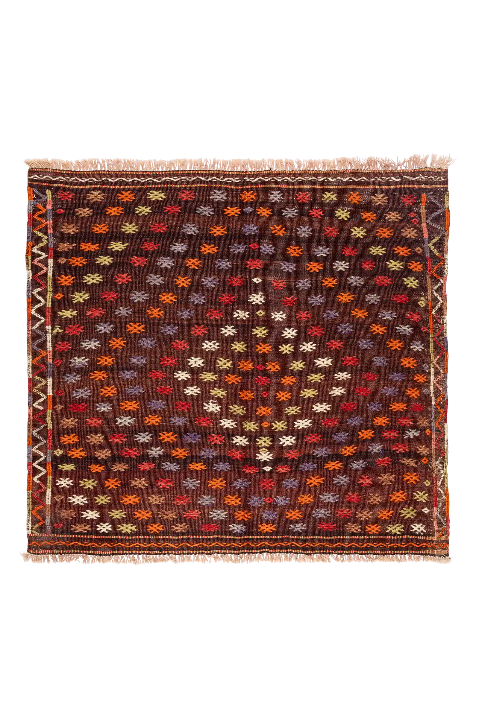 Gesamtansicht des MANISA Kilims – kleiner quadratischer Kelim mit dunklem Grundton und dichter Streuung kleiner, farbiger Muster in Weiß, Orange, Violett, Rot und Gelb
