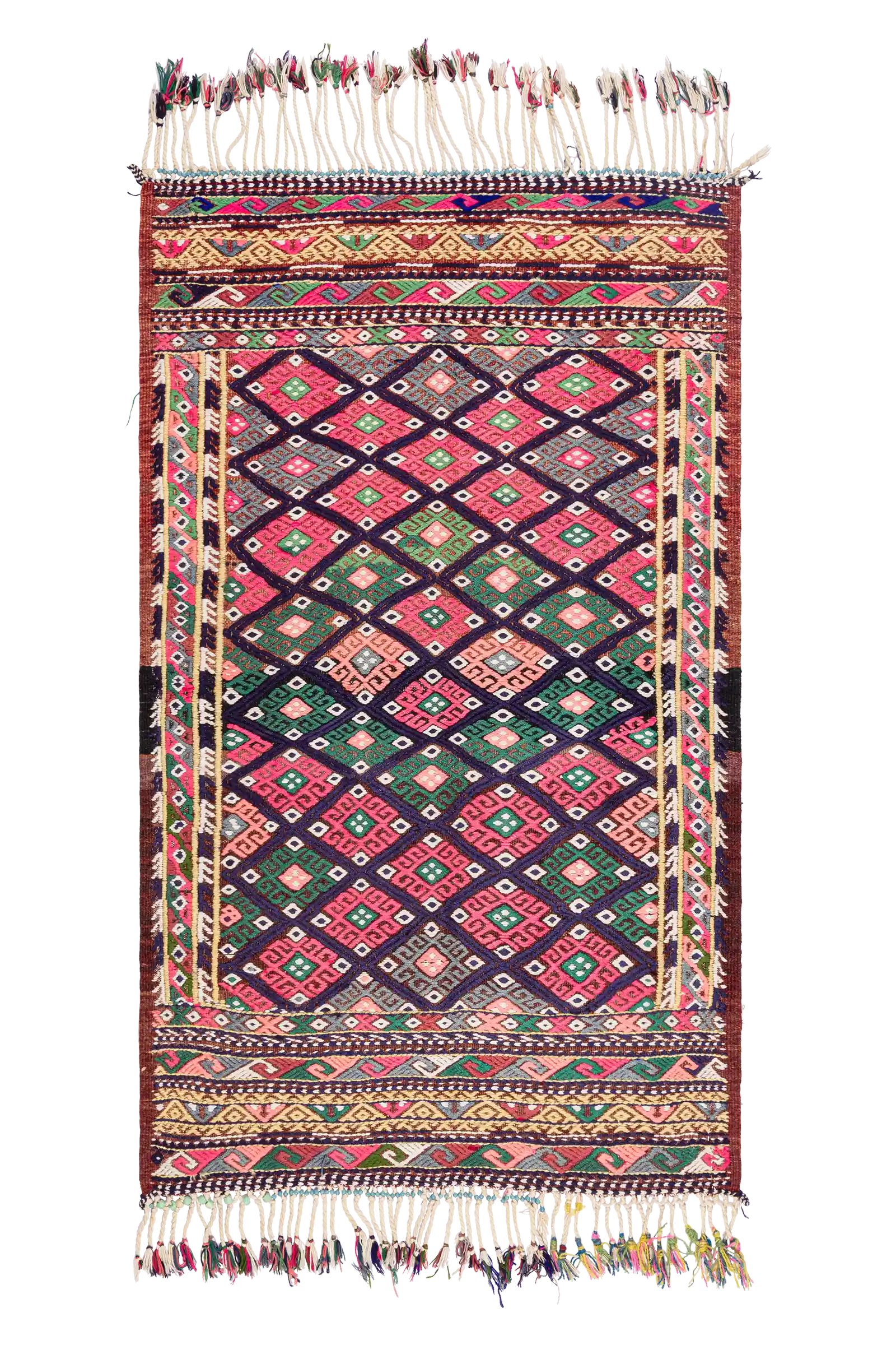 Gesamtansicht des AFYON Kilims – rechteckiger Kelim mit rautenförmigem Gittermuster auf dunklem Grund, ausgefüllt mit kleinen quadratischen Formen in Grün, Rosa, Hellblau und Apricot; umlaufender Rahmen mit schmalen Bordüren in kräftigen Farben und Fransen mit bunten Fäden an den Schmalseiten