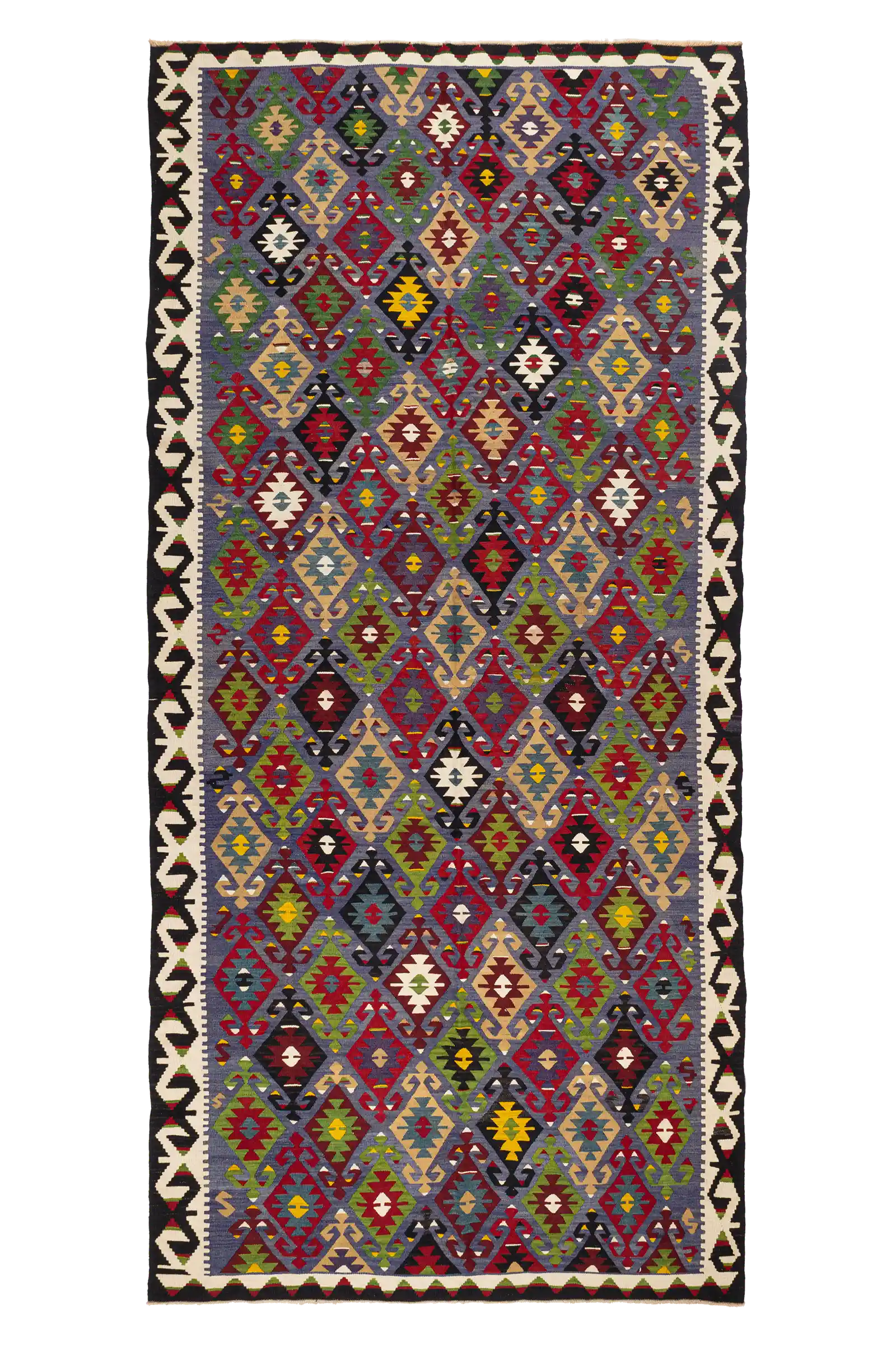 Gesamtansicht des AFYON Vintage Kelims – All-over Elibelinde-Design in kräftigen Farben