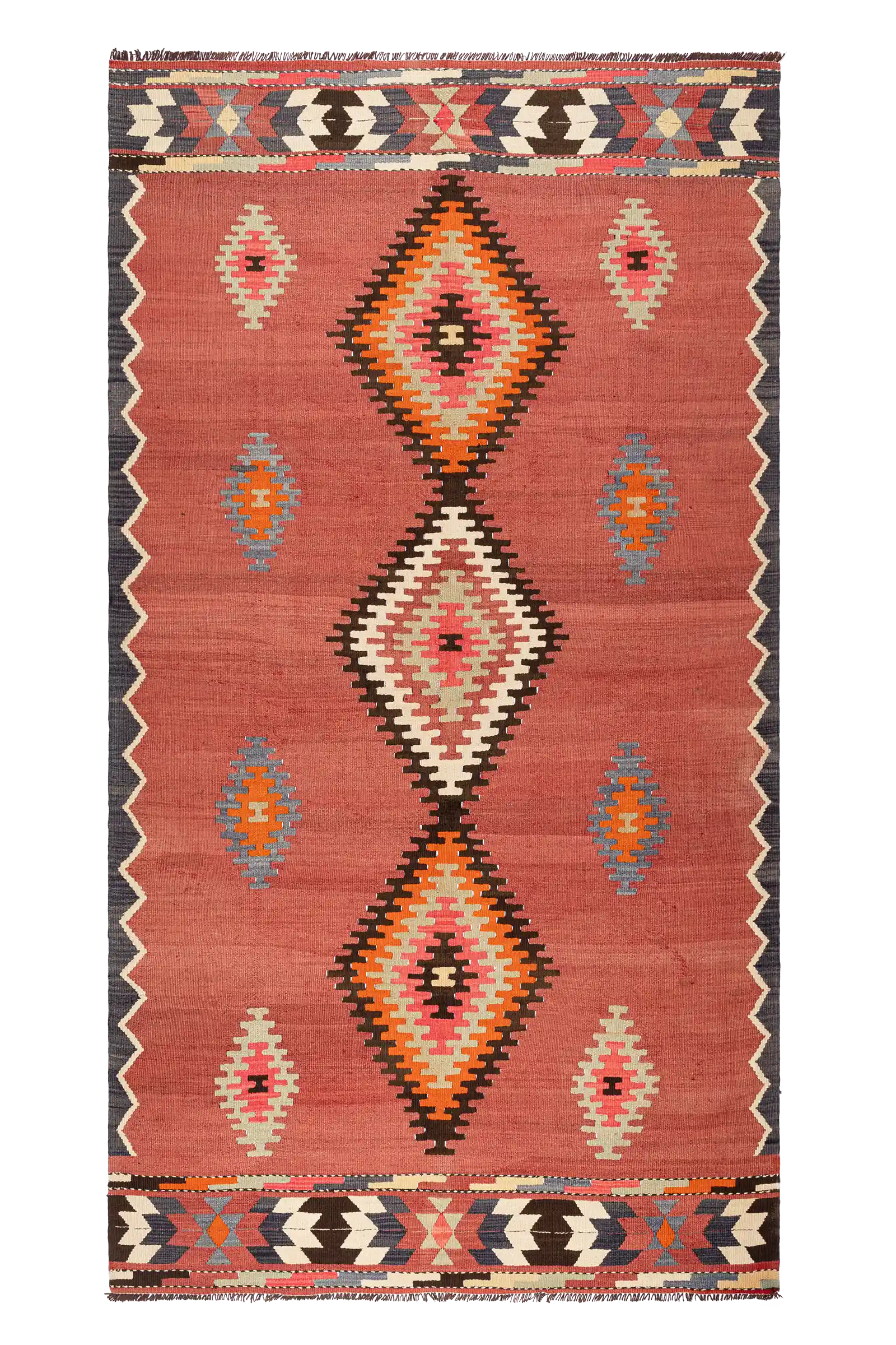 Gesamtansicht des KÜTAHYA Kilims – großformatiger Vintage-Kelim mit drei zentralen Rauten auf altrosafarbenem Grund und breiten Bordüren