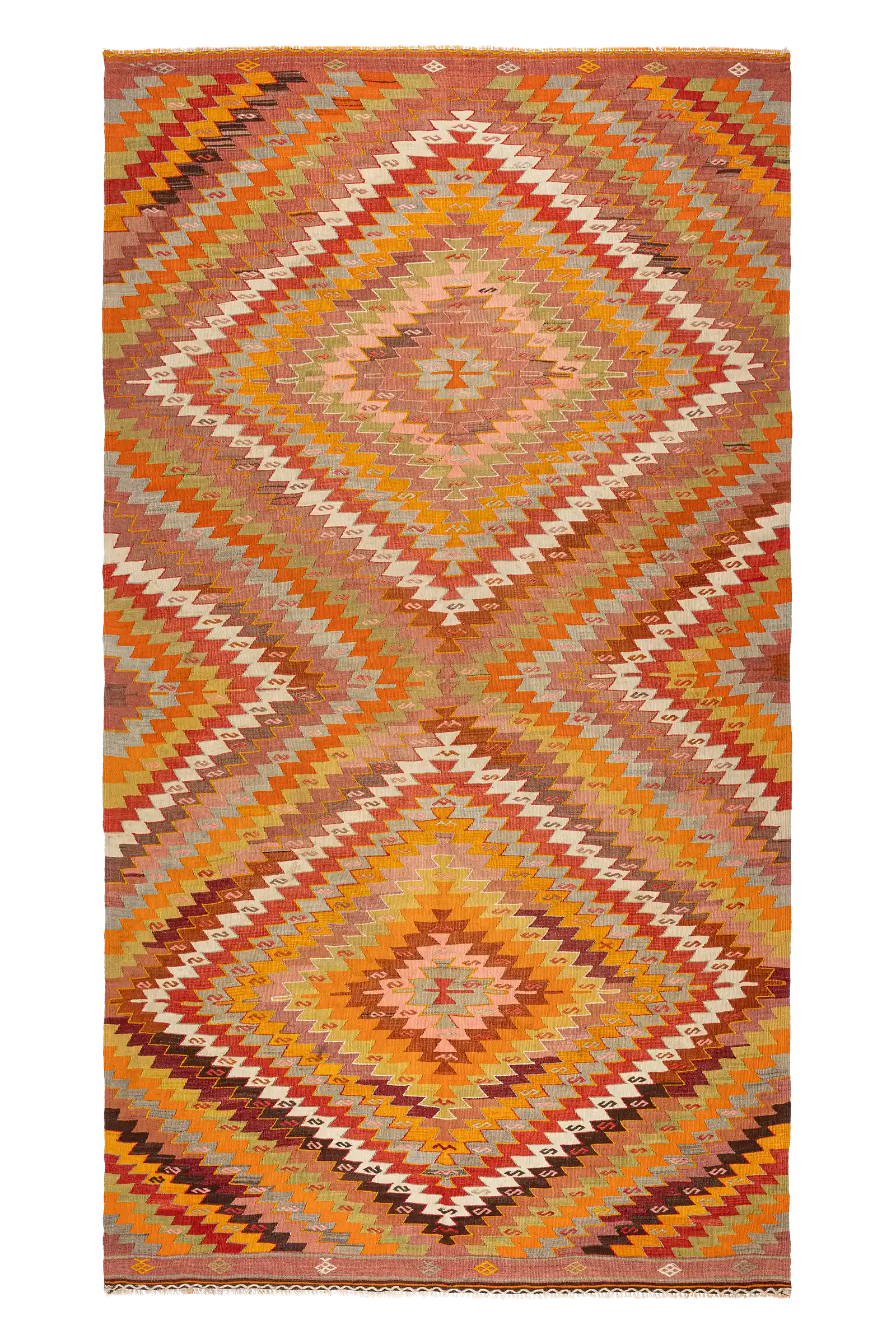 Gesamtansicht des ÇAL Kilims – großformatiger Kelim mit zwei spiegelbildlichen Rautenfeldern in kräftigem Farbverlauf aus Orange, Rosa, Creme, Senf und Mauve