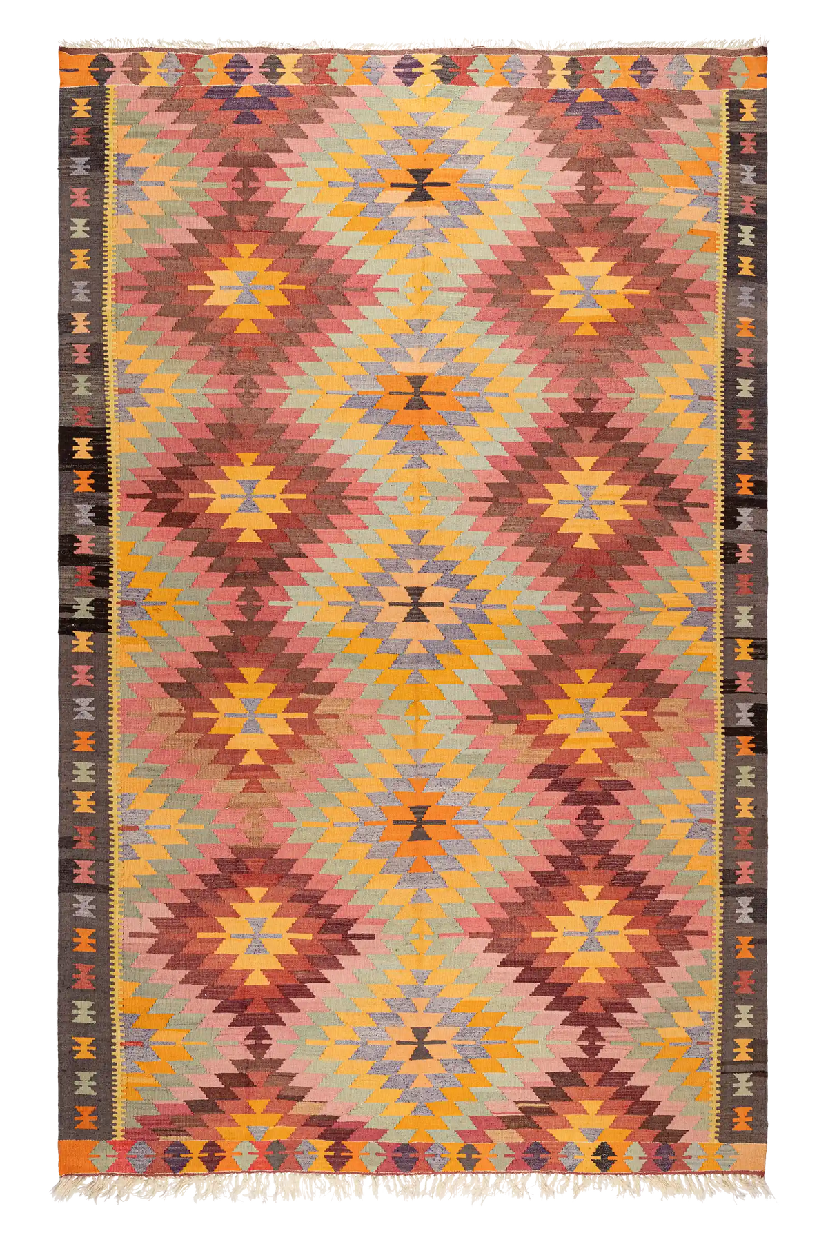 Wild Heart Free Soul handgewebter Vintage Kelim aus Anatolien mit geometrischem Muster in bunten Erdtönen