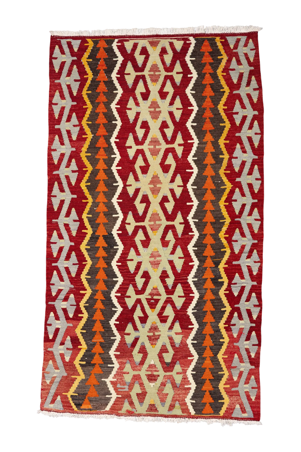 Wild Heart Free Soul handgewebter Vintage-Kelim aus Anatolien mit geometrischen Mustern in Rot, Gelb und Braun